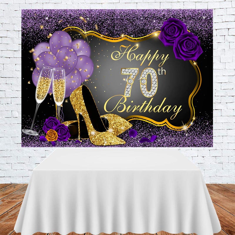 LoveInM Happy 70th Birthday Backdrops Shining Purple Dots and Gold Frame Photography Background for Party Decorations Rose Floral Balloons Heels Champagne Glass Party Banner Supplies Photo Studio Props 7x5ft - Image 3